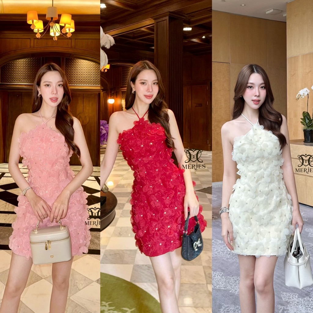 🚩ร้านโค้ดคุ้ม🚩 Miralyn เดรสทรงคล้องคอแต่งดอกไม้ 3D มีซับทั้งตัว ใส่ออกงาน ออกเดท ปาร์ตี้ งานแต่ง