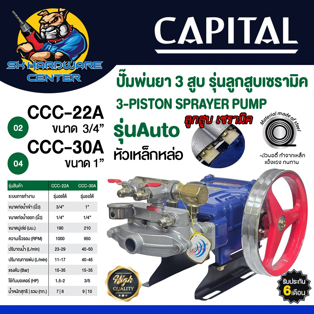 ปั้มพ่นยา 3สูบ ลูกสูบเซรามิก ชนิด ออโต้ ขนาด 3/4" (CCC-22A) , 1นิ้ว (CCC-30A) ยี่ห้อ CAPITAL