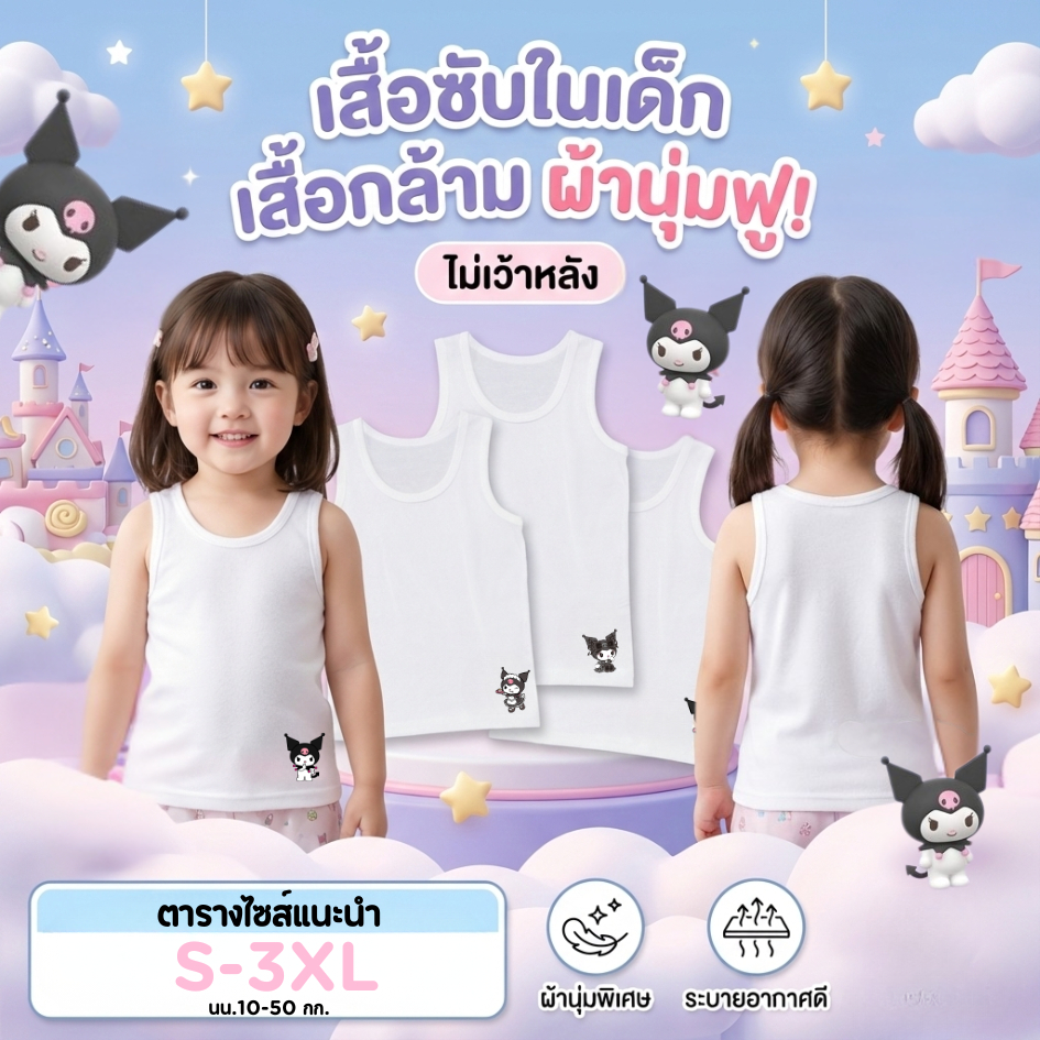 เสื้อซับในเด็กหญิง เสื้อกล้ามเด็ก ลายคุโรมิ kuromi sanrio นุ่มระบายอากาศได้ดี ไซส์ 1-11 ปี 10-50 กิโลกรัม