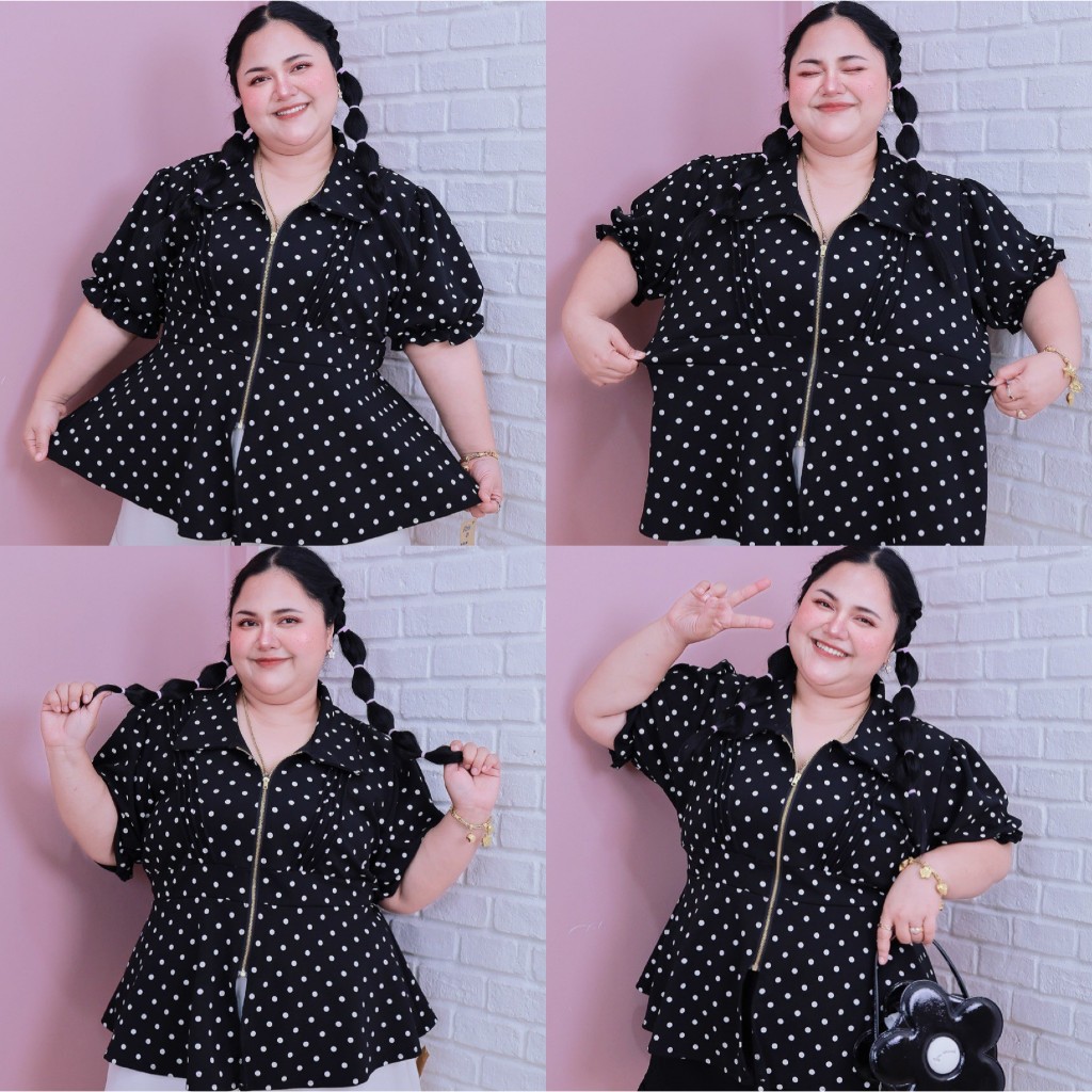 [ ส่งฟรี 🔥 ] เสื้อลายจุดซิปทองแขนตุ๊กตา ผ้าวูลเวฟ A351 เสื้อลายจุดไซส์ใหญ่สาวอวบ พลัสไซส์ คนอ้วน - รูปที่ 6