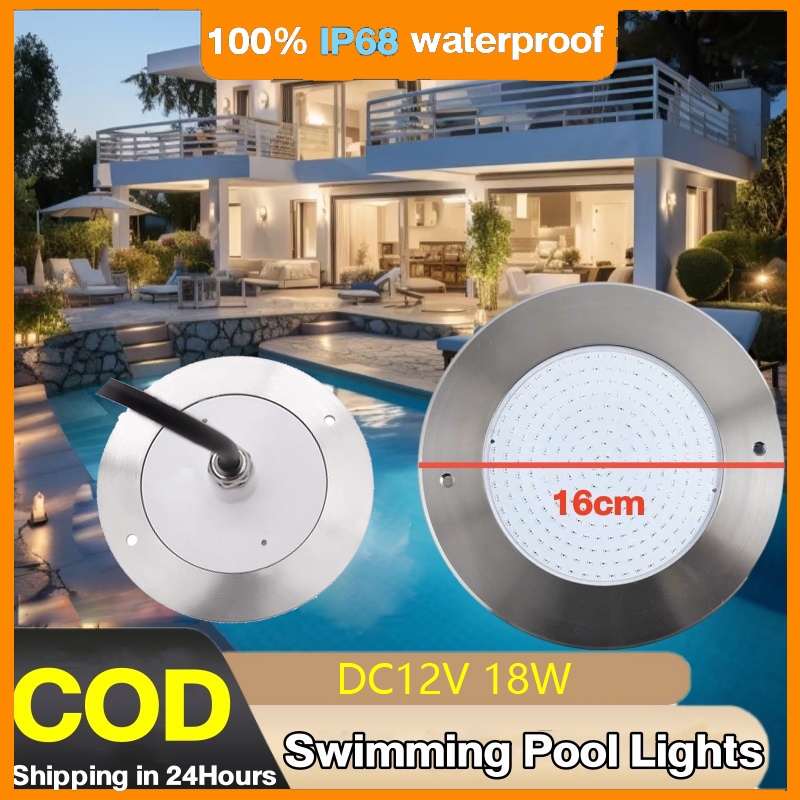 【Ready Stock】โคมไฟ LED ใต้น้ำสระว่ายน้ำ กันน้ำ IP68 สแตนเลส 18W RGB Warm white 12V 16cm/23cm underwater light บางพิเศษ