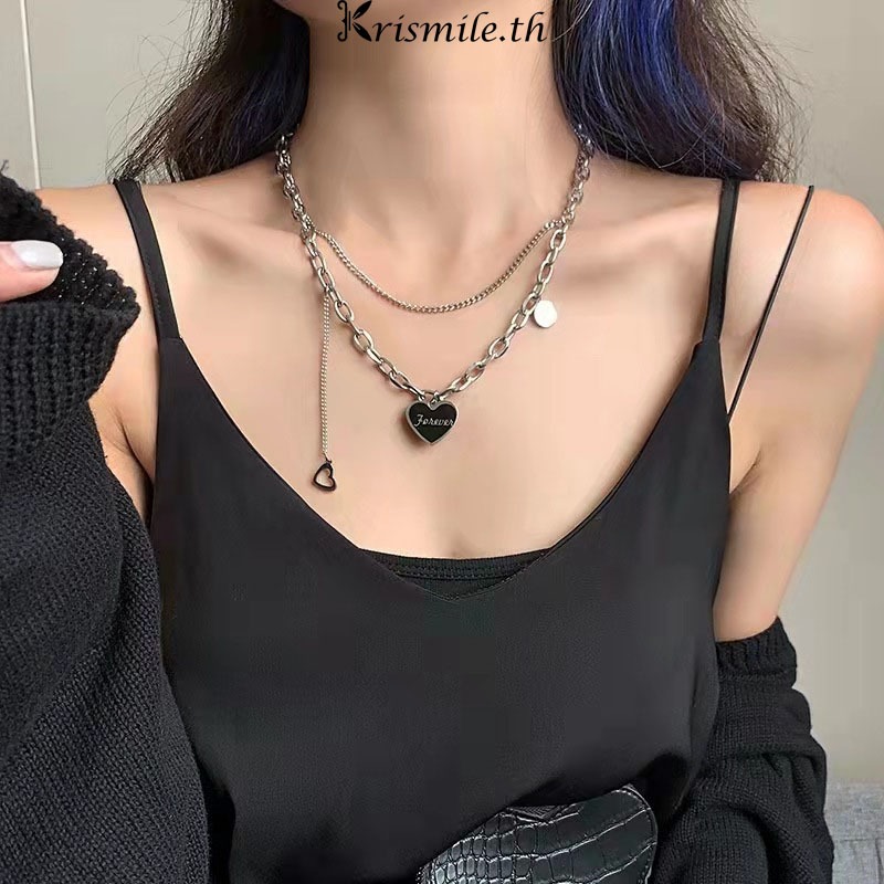 COD-ในไทย💖สร้อยคอ หัวใจ สีดำ สองชั้น เฉพาะกลุ่ม ฮิปฮอป แฟชั่นสไตล์เกาหลี ระดับไฮเอนด์ โซ่ไหปลาร้า ของขวัญ-Kri