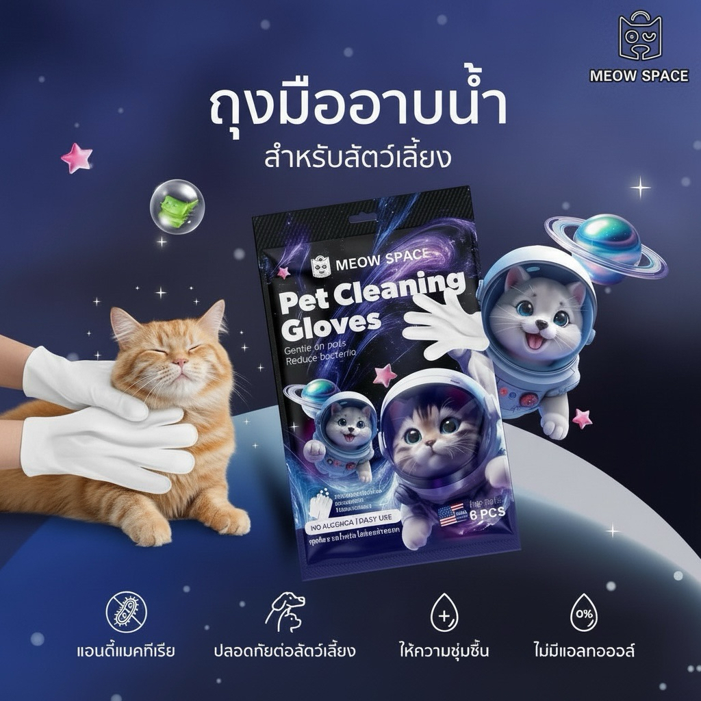 MEOW SPACE ถุงมืออาบน้ำแห้งสัตว์เลี้ยง 6 แผ่น ถุงมืออาบน้ำแห้ง มีกลิ่นหอม เช็ดทำความสะอาดตัวสัตว์เลี้ยง