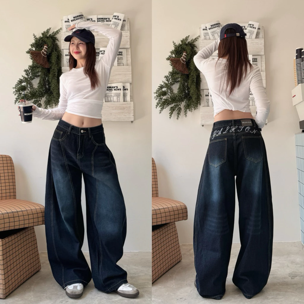 HELLDUL 9936 กางเกงยีนส์Baggyทรงหลวมเอวสูงใส่สบาย พรางต้นขาได้ดี ผ้ายีนส์หนาอยู่ทรง ใส่ดูเท่ทุกลุค