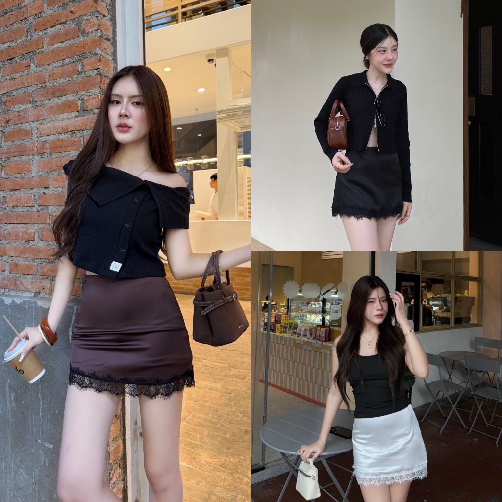 SATIN SKIRTS กระโปรงกางผ้าซาตินแต่งชายลูกไม้