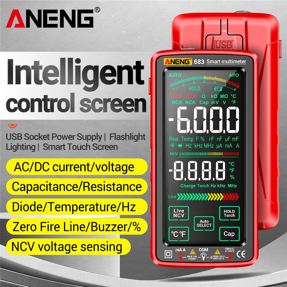Aneng 683 มัลติมิเตอร์วัดแรงดันไฟฟ้า AC/DC หน้าจอสัมผัส NCV 6000 ครั้ง