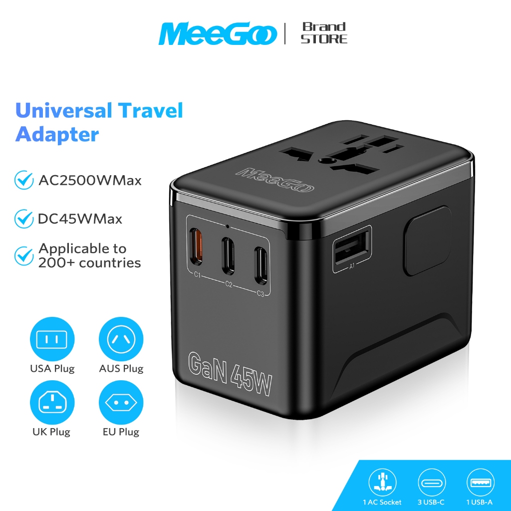MEEGOO หัวแปลงปลั๊กไฟ Universal Travel Adapter แกลเลียมไนไตรด์ พอร์ตUSB 1 ช่อง และพอร์ต Type-C 3 ช่อง AC2500W DC45W 1A3C