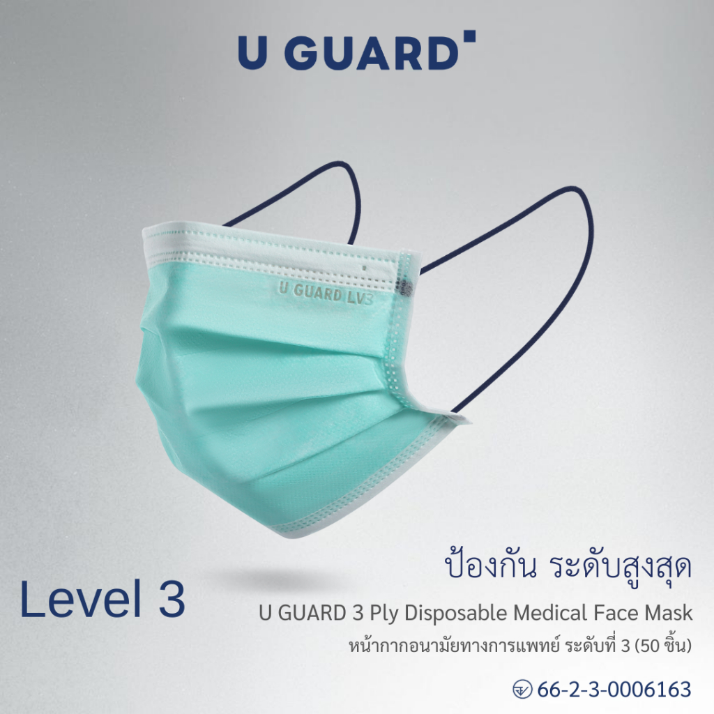 U GUARD Medical Face Mask หน้ากากอนามัยทางการแพทย์ Level 3 สีเขียวหูน้ำเงิน สายคล้องแบน ไม่รัดหู 50 ชิ้น/กล่อง