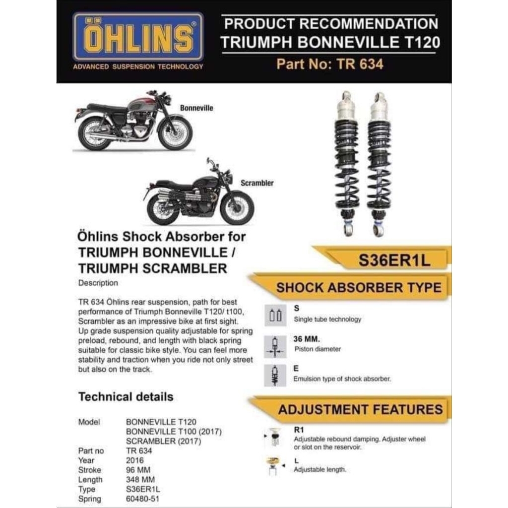โช๊คหลัง OHLINS TR634 แท้ TRIUMPH T100/T120/STREET SCRAMBLER หม้อน้ำปี 16-26
