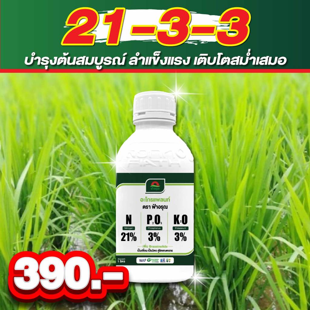 ใส่ข้าวอายุ 50-70 วัน เขียวไว ใบหนา แตกกอแรง ตั้งตัวได้เร็ว โตไว ไม่โทรม ฝนตกหนักต้นยังแข็ง สูตร 21-3-3 ข้าวแตกกอใหญ่