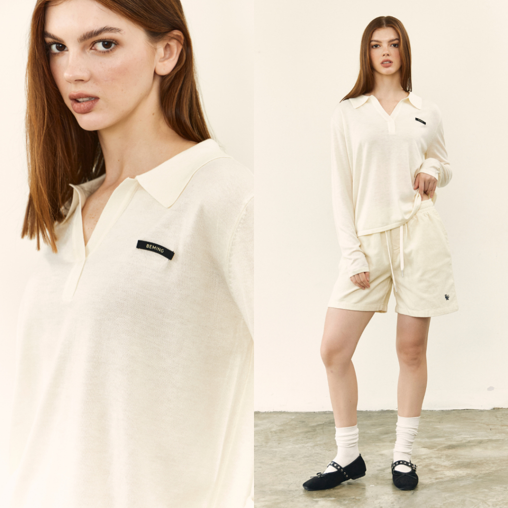 Bemingtop1087(S-2XL)-BMG Polo Longline - เสื้อแขนยาวคอปก ดีเทลคอวี ปักโลโก้ BEMING ด้านหน้า รูปที่ 4