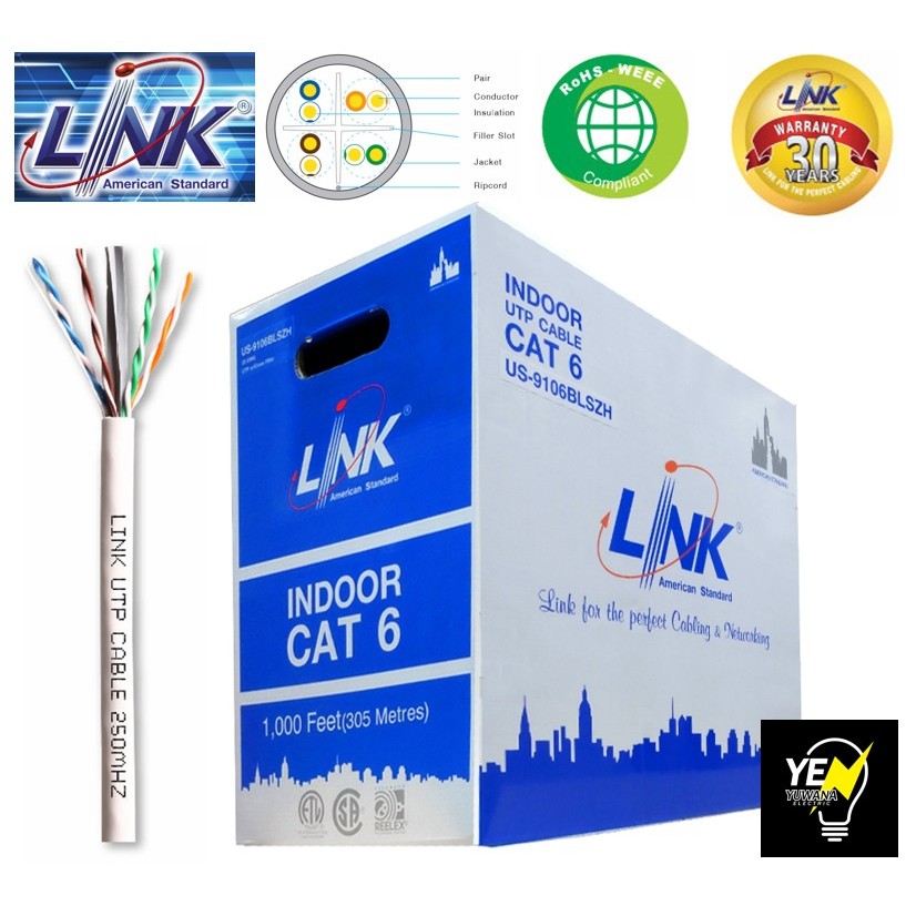 LINK (US-9106BLSZH)(US-9106LSZH) (US-9106) CAT6 UTP Cable (305m/Box) Original สำหรับภายในอาคาร สายสี