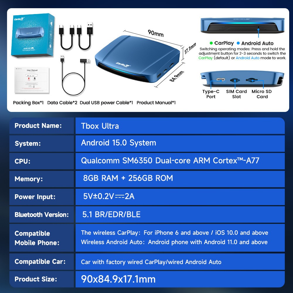 CarlinKit 2025 ใหม่ Android 15 Tbox-Ultra 8GB+128GB CarPlay Ai Box Wireless CarPlay Android Auto รองรับ Netflix YouTube - รูปที่ 7