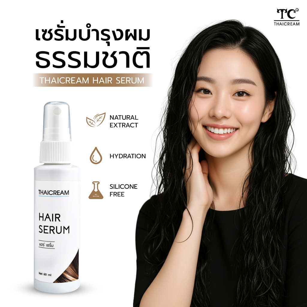 ไทยครีม เซรั่มบำรุงผม ไม่ใส่ซิลิโคน Thaicream Hair serum 60ml เอสเซ้น ผมทำสี ฟอก ย้อม thai cream