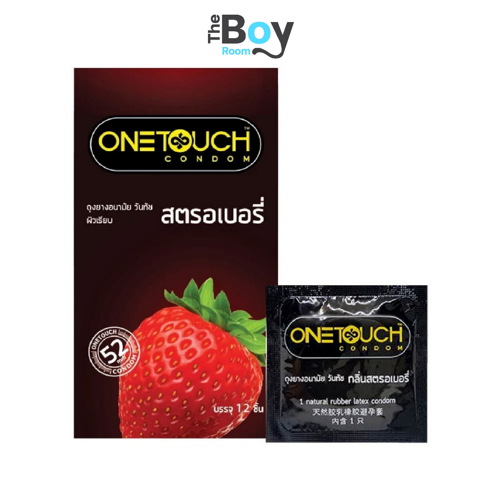 Onetouch ถุงยางอนามัย กลิ่นสตรอว์เบอร์รี เนื้อถุงยาง สีชมพู ชนิดเรียบ บาง น้ำมันซิลิโคน ไซส์ 52 มม.