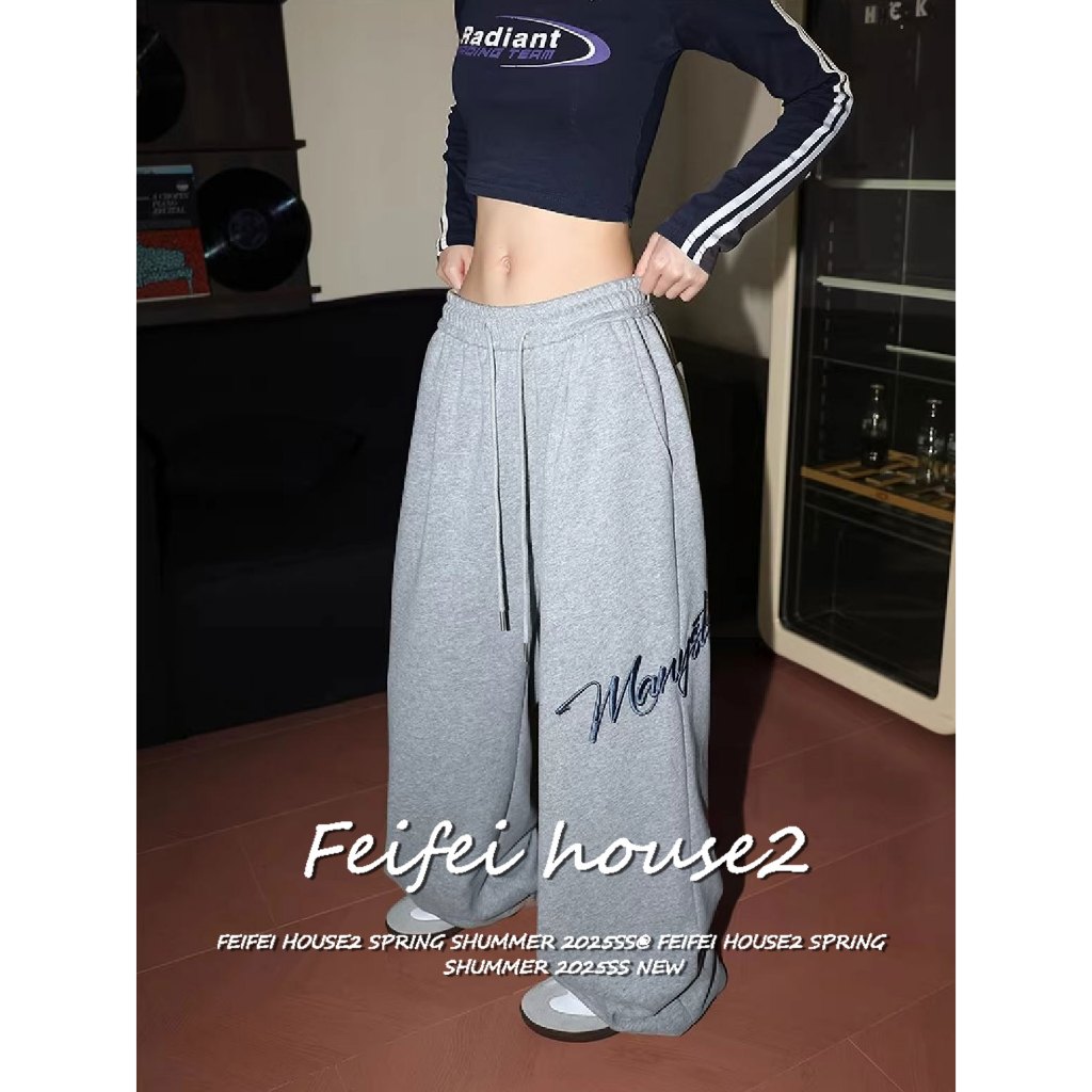 [letter embroidered versatile trousers]ผู้หญิงสไตล์สตรีทลำลองสำหรับงานปักเอวสูงกางเกงขายาวทรงกว้าง