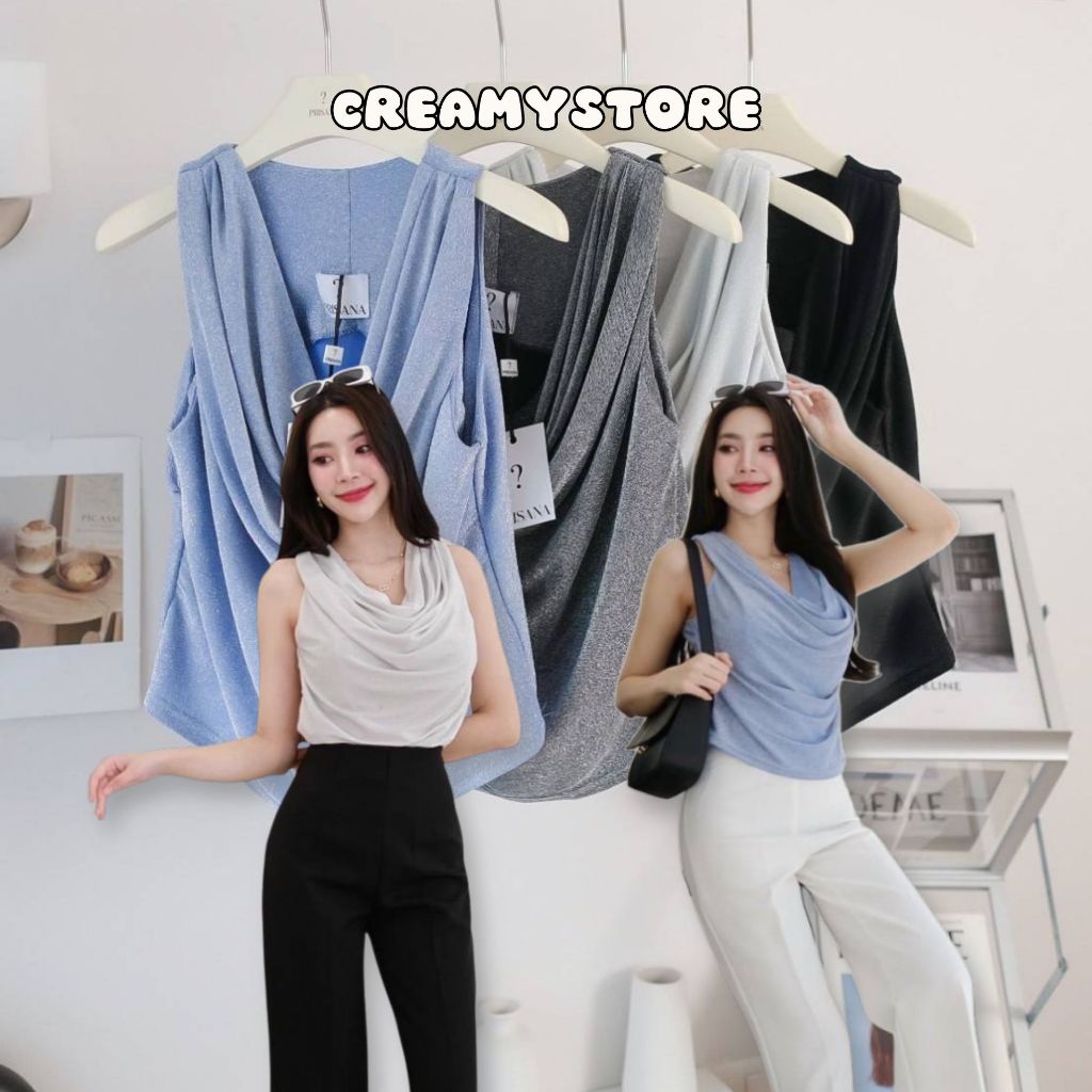 CreamyStore เสื้อคอถ่วงแขนกุด ผ้าวิ้งสวย งานป้ายPrisana