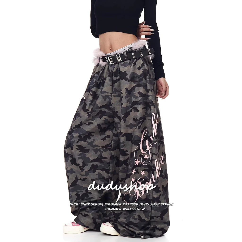 [Hairless belt, camouflage casual pants]ผู้หญิงสไตล์อเมริกันวินเทจสบาย ๆ แจ๊สเต้นรำพรางขากว้างกางเกง