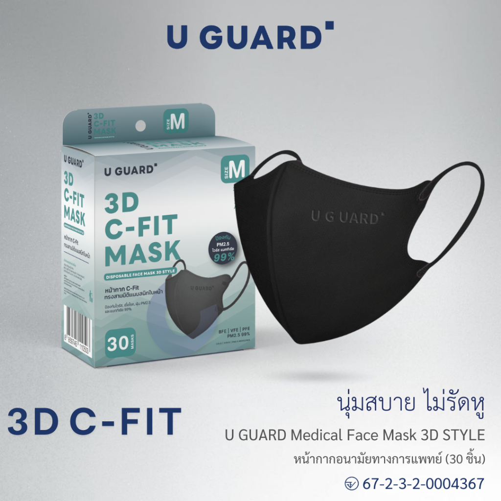 หน้ากากอนามัย U GUARD MASK ทรง V SHAPE สีดำ หายใจสะดวก สายคล้องนุ่ม ไม่รัดหู 30 ชิ้น / กล่อง