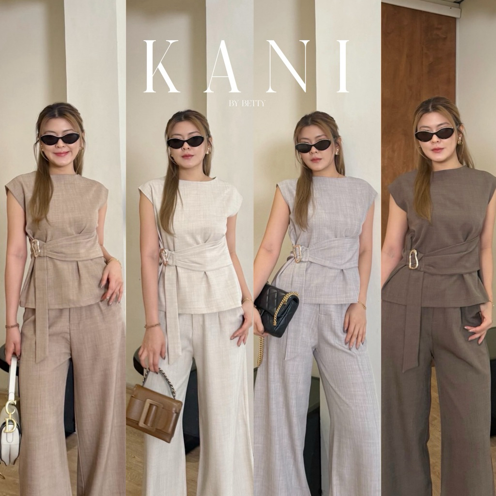 KANI SET🧁🥨(ส่งด่วน🚚)ชุดเซ็ตลัคชูสุดๆ เสื้อมีเข็มขัดติดกับชุด มาคู่กับกางเกงทรงขากว้าง มี 5 สี