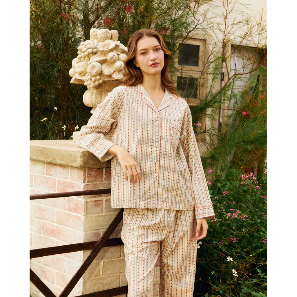 (ลดแรง) Dream ชุดนอนผู้หญิง เสื้อมีกระดุมหน้า ลาย French Rose stripe ผ้าcotton ผ้านุ่ม ใส่สบายมาก