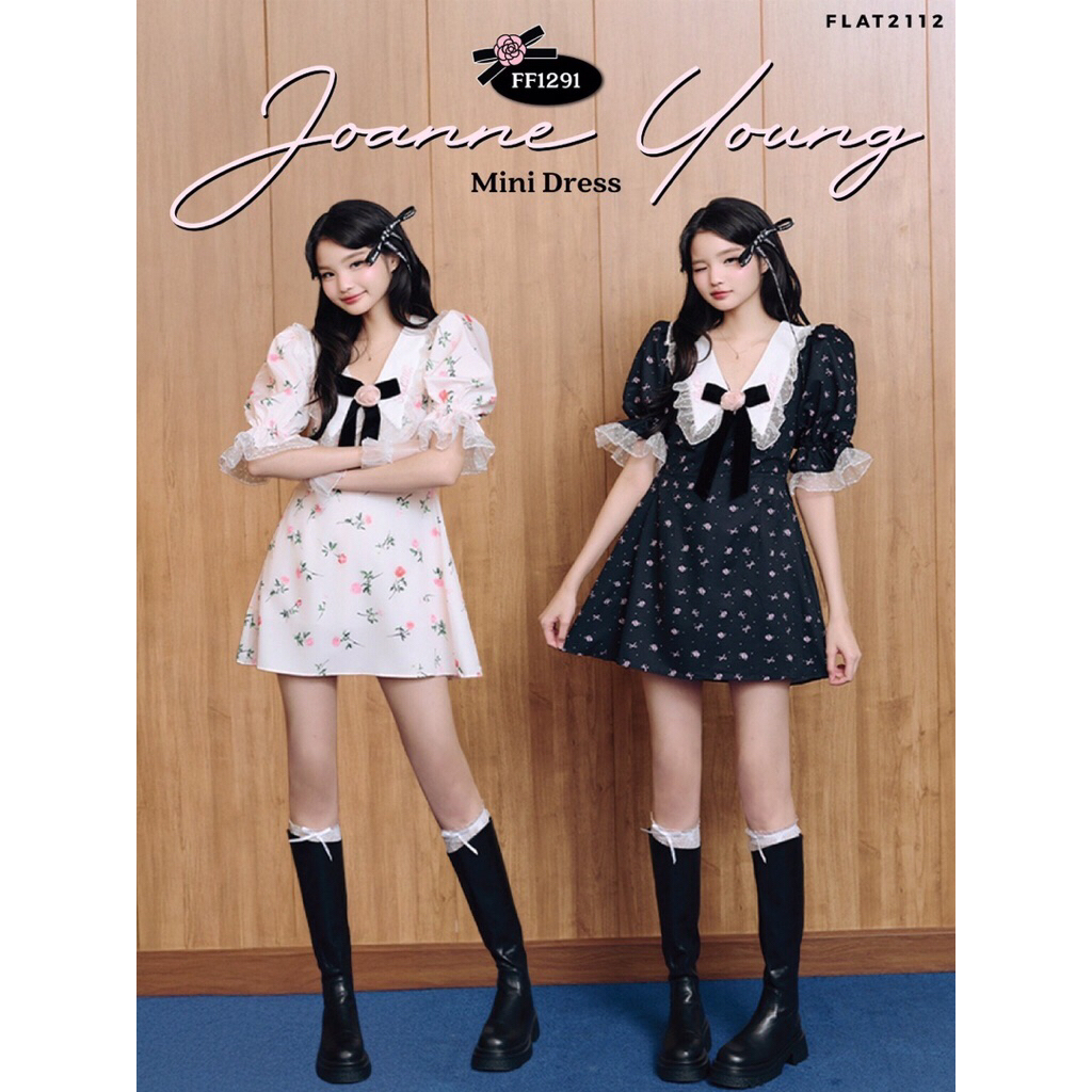 New in pack FLAT2112: JOANNE YOUNG MINI DRESS เดรสสั้นลายดอกไม้ ดีเทลโบว์ใหญ่สุดคิ้วท์ ลุคคุณหนู (FF1291)