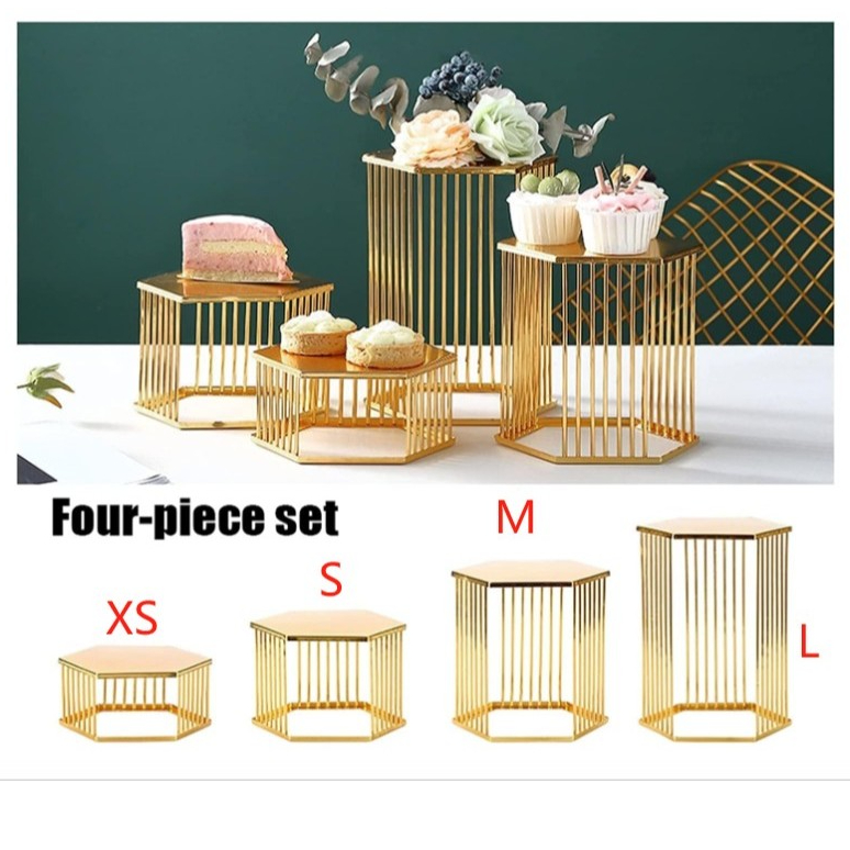 ขาตั้งโชว์สินค้า Cake Stand Gold แท่นวางเค้กสีทอง 6เหลี่ยม หลายขนาดให้เลือก สำหรับวางเค้ก