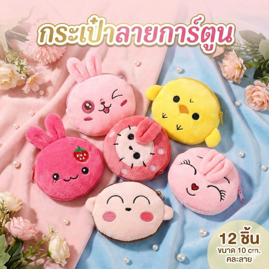 12 ชิ้น กระเป๋ากลม/เหลี่ยม ลายน่ารักสำหรับใส่เหรียญ ขนาด 10 นิ้ว 80008