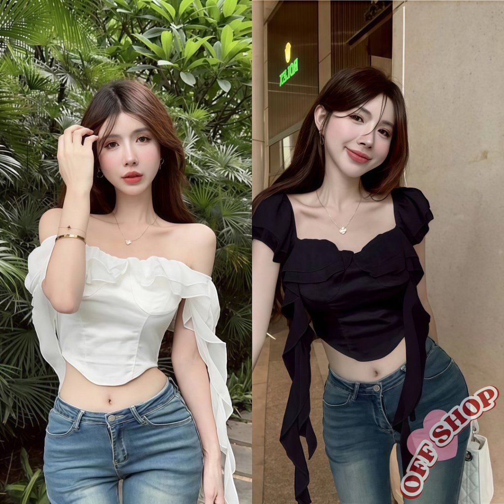 OFF SHOP 🥻ใหม่ 2025 เสื้อเปิดไหล่ ท็อปคร็อปสไตล์เกาหลี มีโครงแต่งทั้งสองข้าง เสื้อแฟชั่นผู้หญิง' FY2836