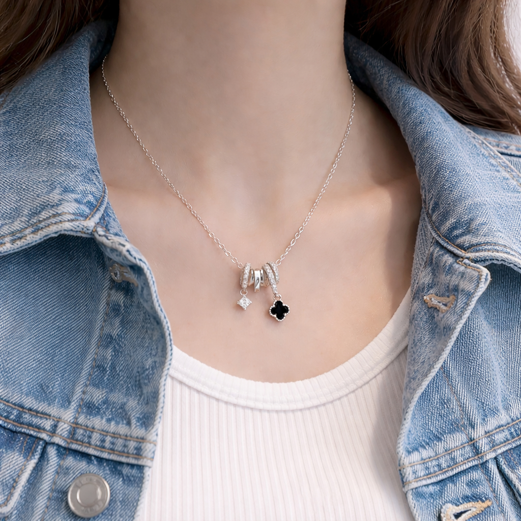 [ส่งจากไทย] สร้อยคอใบโคลเวอร์ 4 แฉก สีดำ นำโชค ประดับเพชร CZ วิบวับ ดีไซน์พรีเมียม ใส่แล้วดูแพง - รูปที่ 7