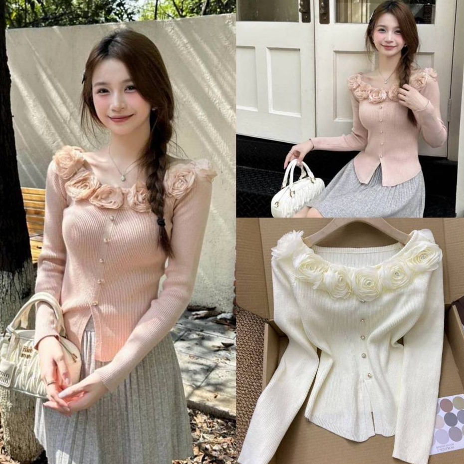 (เเถมฟรีสร้อยคอ) เสื้อเเคนดิเเกนเเขนยาวรุ่น Shell เเต่งดอกกุหลาบ มี 3 สี ดำ ขาว ชมพู สาวหวานต้องมี