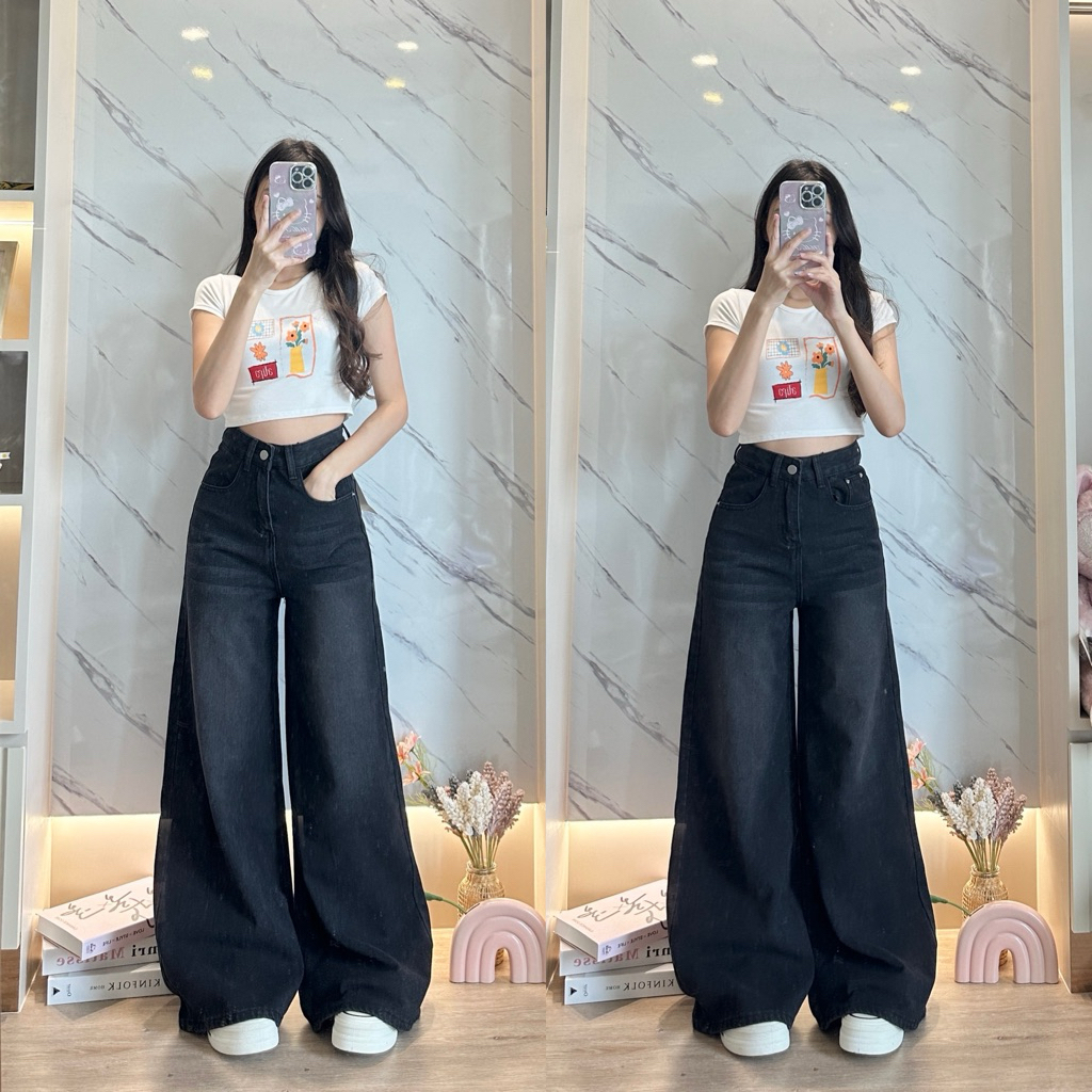 CHANA : Baggy Jeans 2258 ทรงขาบานสีดำเฟด เอวสูง ผ้าไม่ยืด