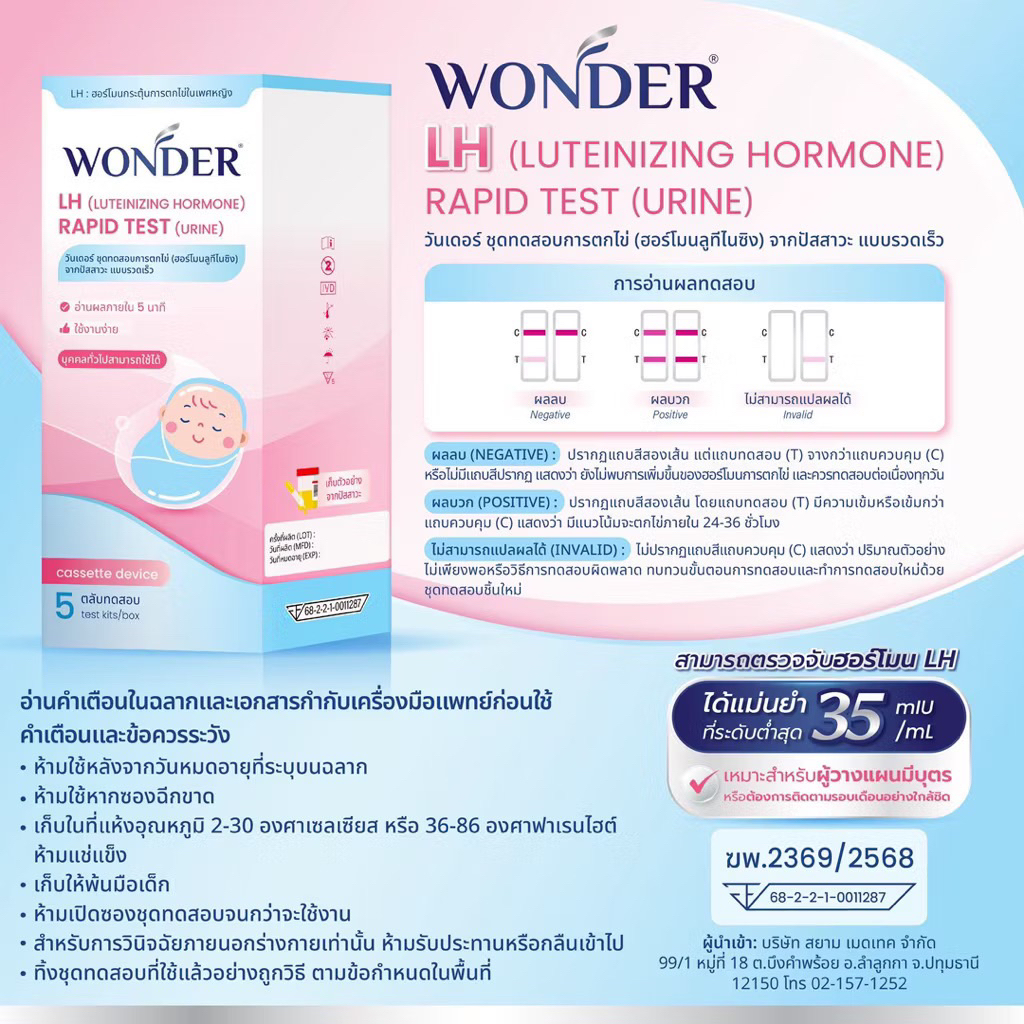 ชุดตรวจไข่ตก WONDER LH ตรวจฮอร์โมน LH จากปัสสาวะ ใช้งานง่าย 5 นาทีรู้ผล เหมาะสำหรับผู้วางแผนมีบุตร”