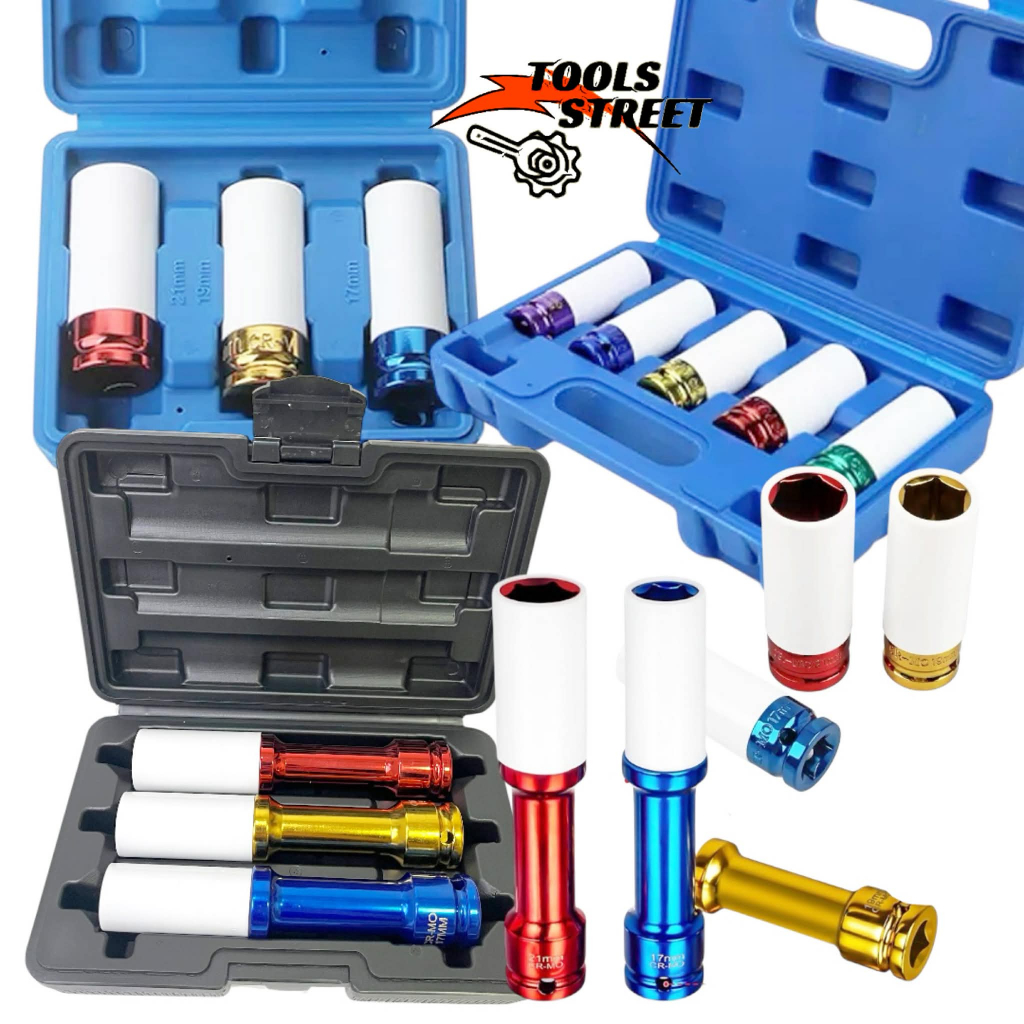 THAKITEC ชุดถอดล้อเเม็ก บล็อกขันล้อ รถยนต์ กันรอย ขนาด 1/2 (4หุน) แบบ 3, 3(ยาว) และ 5 ชิ้น 15mm 17mm 19mm 21mm 22mm