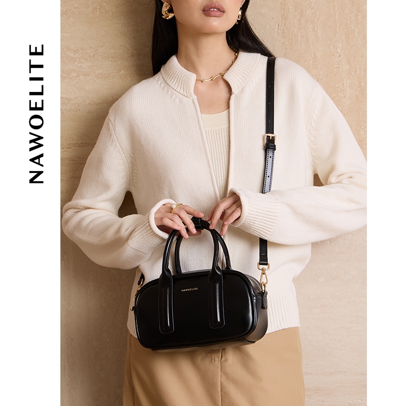 NAWOELITE Bowling Bag กระเป๋าถือผู้หญิงสีดำสไตล์วินเทจ มีสายสะพายไหล่ปรับได้ สามารถถือด้วยมือหรือสะพายข้างก็ได้