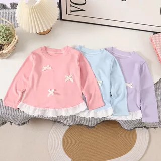 สินค้ามีในสต็อก! เสื้อแขนยาวเด็กหญิง สไตล์เกาหลี ประดับโบว์ นุ่มนวลไม่ขนรังสี เสื้อเด็กหลายสไตล์
