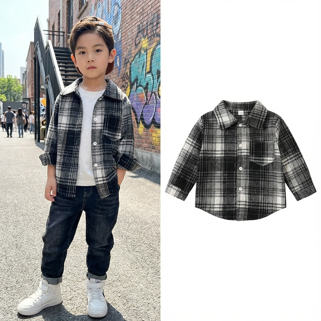 เสือเช็ตแขนยาว เสือเชิตลายสก็อตุ สไตล์เรโทร มาใหม่สำหรับเด็ก เสื้อคาร์ดิแกน เสื้อแจ็คเก็ตคอปกสำหรับเด็กชาย LH5114