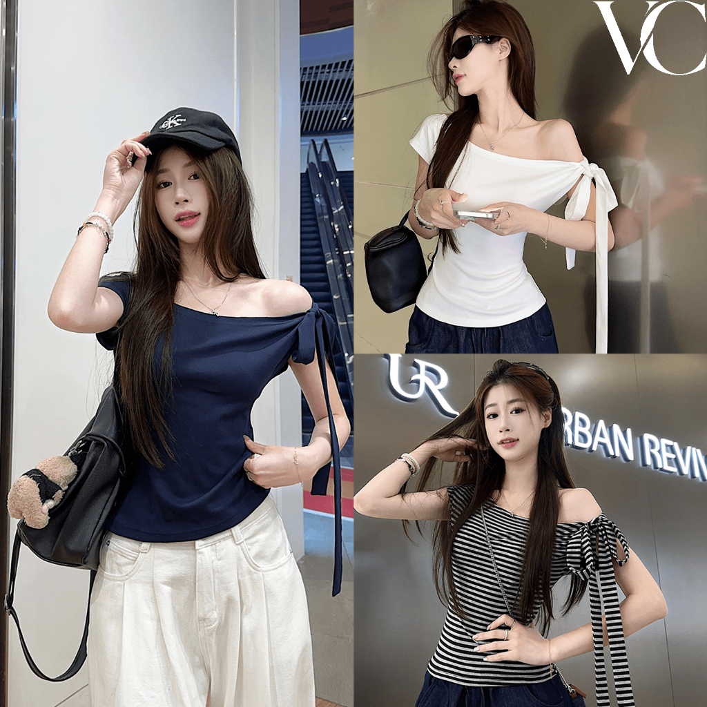 เสื้อยืดเปิดไหล่สำหรับผู้หญิงในฤดูร้อน ดีไซน์เปิดไหล่ สาวฮอต ทรงเข้ารูป แขนสั้น เสื้อไหล่ตรง สไตล์ใหม่Y120
