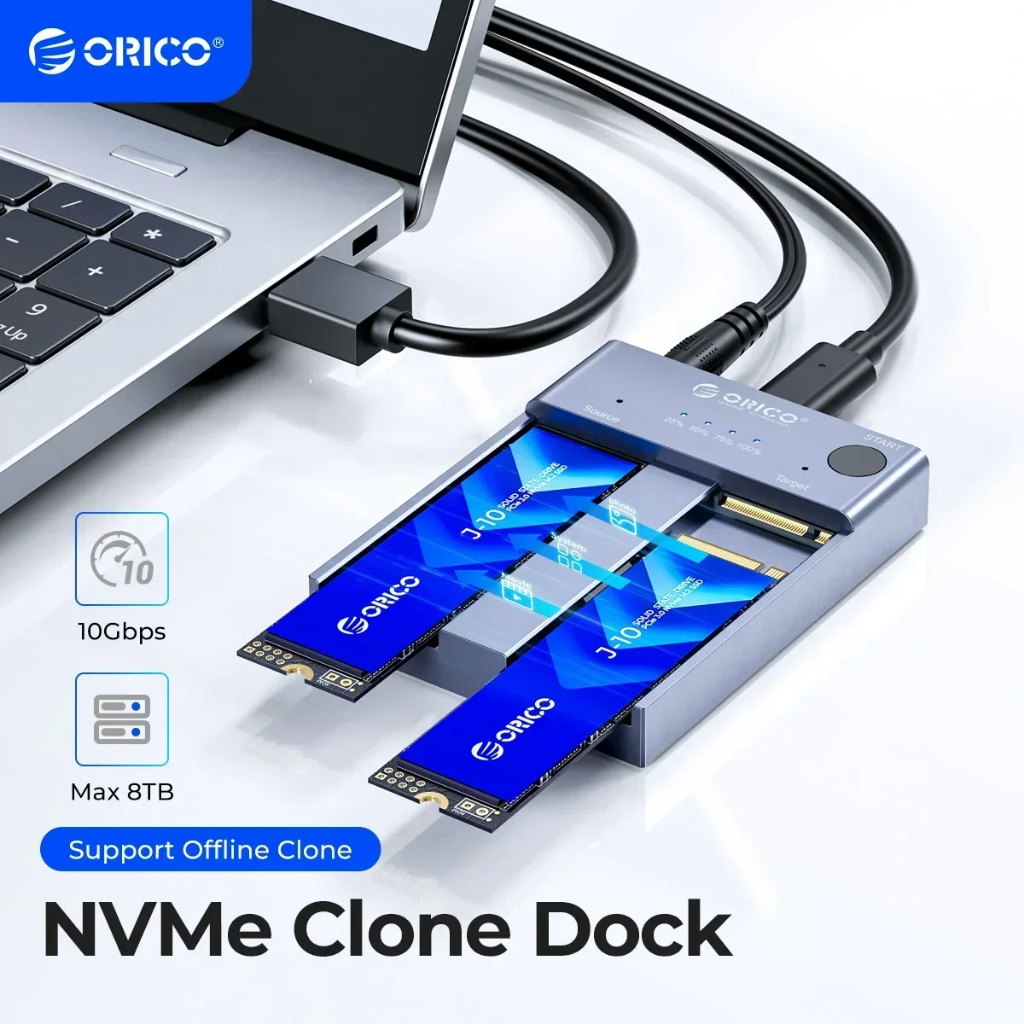 Orico รุ่น M2P2-C3-C Dual Bay M.2 NVME SSD Enclosure Offline Clone USB C 3.1 Gen2 10GBPS M Key และ M