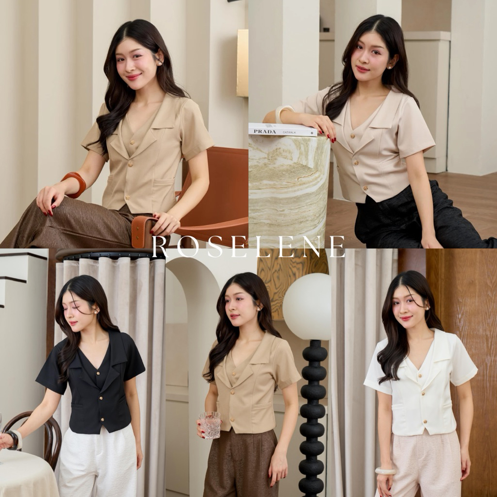 ROSELENE TOP (เฉพาะเสื้อ) เสื้อคอปกแขนสั้น ดีไซน์เย็บแต่ง2เลเยอร์ ดีเทลกระดุมทองและกระเป๋าแต่ง มีตัวปรับระดับที่ด้านหลัง