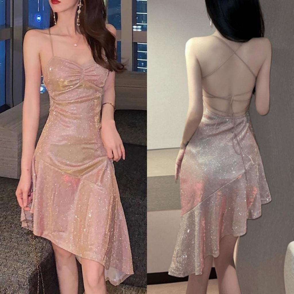 pink dress mini ชุดสาวอวบ ลูกคุณหนู ชุดเดรสสีดํา ชุดเดรสผู้หญิงออกงาน กลิตเตอร์ ปาดไหล่ แฟรี่ ผู้หญิง new