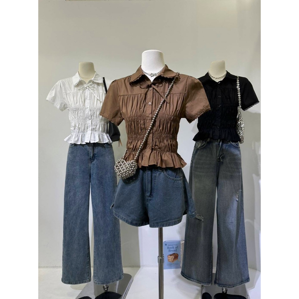(*ใช้โค้ดลดเพิ่ม 25% เหลือ 217.-) 🤎 Shirred Waist Blouse เสื้อครอปคอปกแต่งโบว์