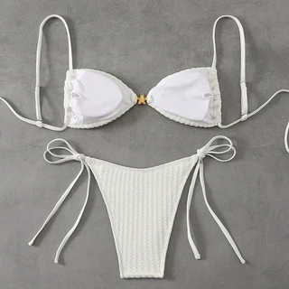 Victoria's Sunshine บิกินี่ ทูพีช white bikini สไตล์ฤดูร้อนใหม่ เว้าหลัง ผูกคอ#1077