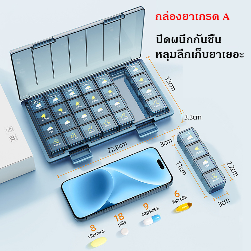 กล่องเก็บยาพกพาสำหรับใช้ได้ 7 วันต่อสัปดาห์ ทั้งเช้า กลางวัน และเย็น