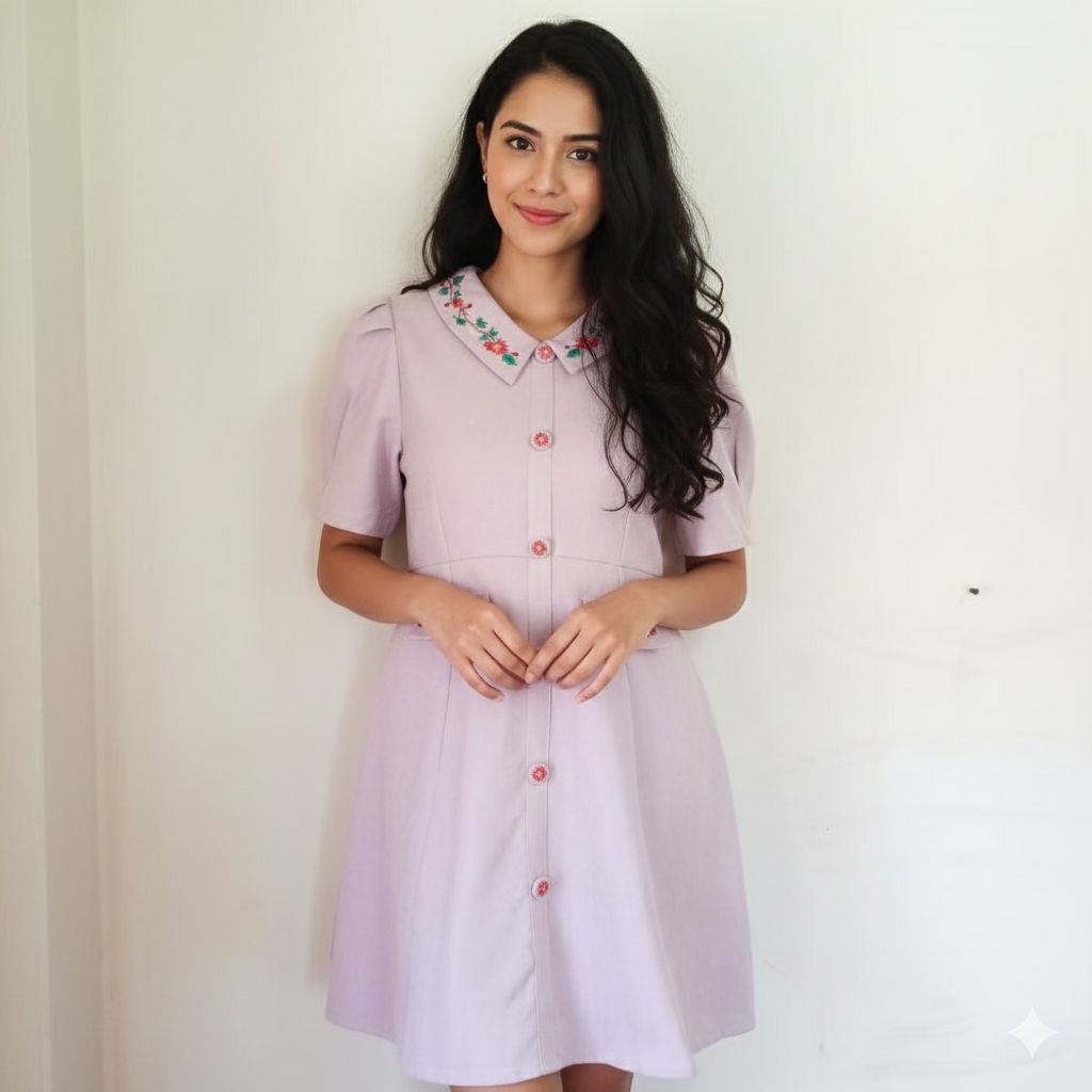 AP STYLE เดรสคอบัวสีชมพูตุ่น ผ้าลูกฟูกบาง ปักดอกไม้ที่คอ+กระดุม ไซส์ L-XL ต้น