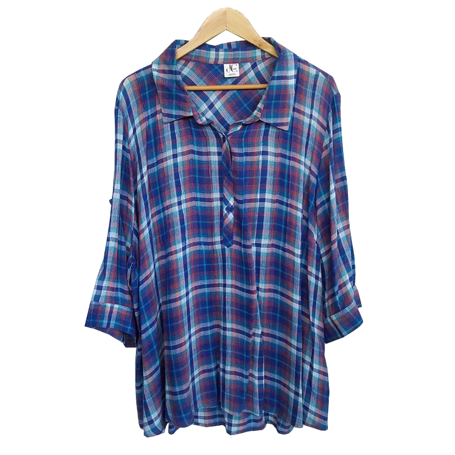 pa275 เสื้อมือสอง อก 58-60 นิ้ว คอปก ผ้าฝ้ายลายสก๊อต น้ำเงิน ขาว แดง แขน 4 ส่วน