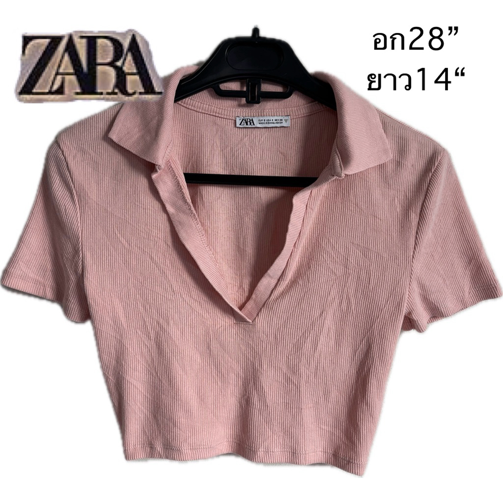 R64 ครอป  มือสอง ขายตามสภาพ  เสื้อครอปคอปกสีชมพูอ่อนจาก Zara Size S