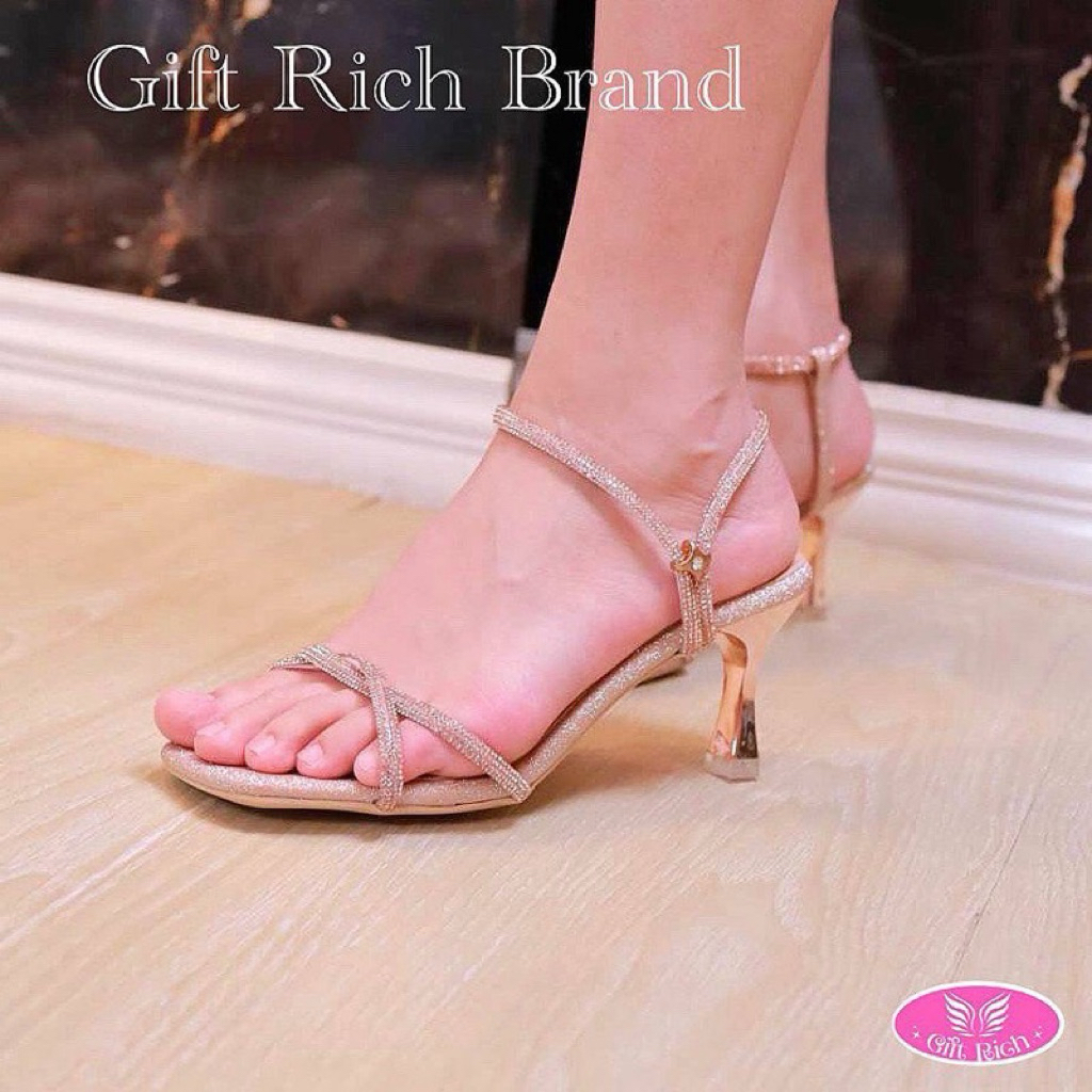 รองเท้าส้นสูงรัดข้อวิ้งค์ Gift Rich Brand  สีชมพูแชมเปญ