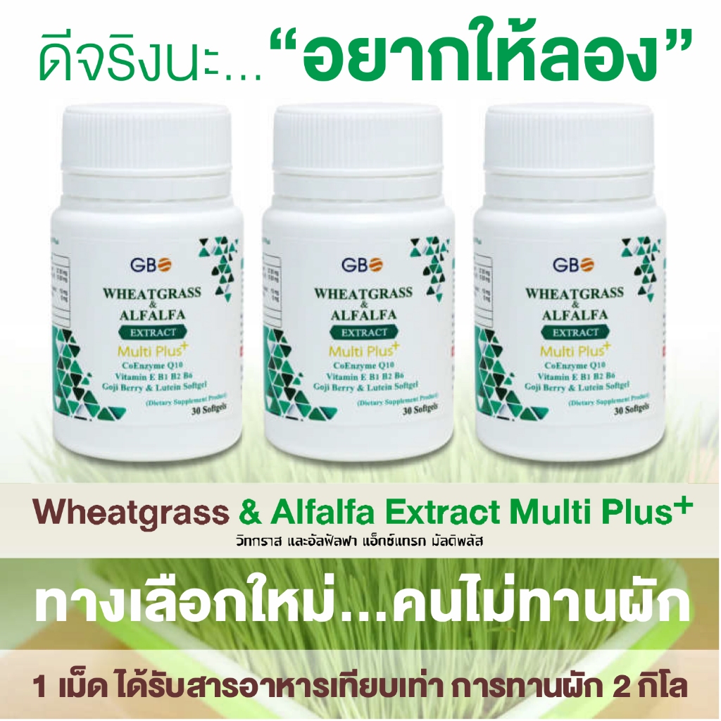 ** โปรผักเม็ด 3 กระปุก 90 ซอฟเจล ** ผักเม็ด Wheatgrass & Alfalfa Extract Multi Plus+ Q10 (ฟรีค่าส่ง)