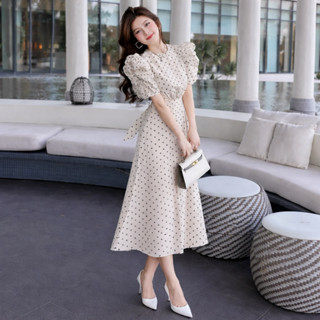 [LISA] A1280 ชุดเดรสกระโปรงยาวคอกลมแขนตุ๊กตาลายโพกาดอทสายผูก…